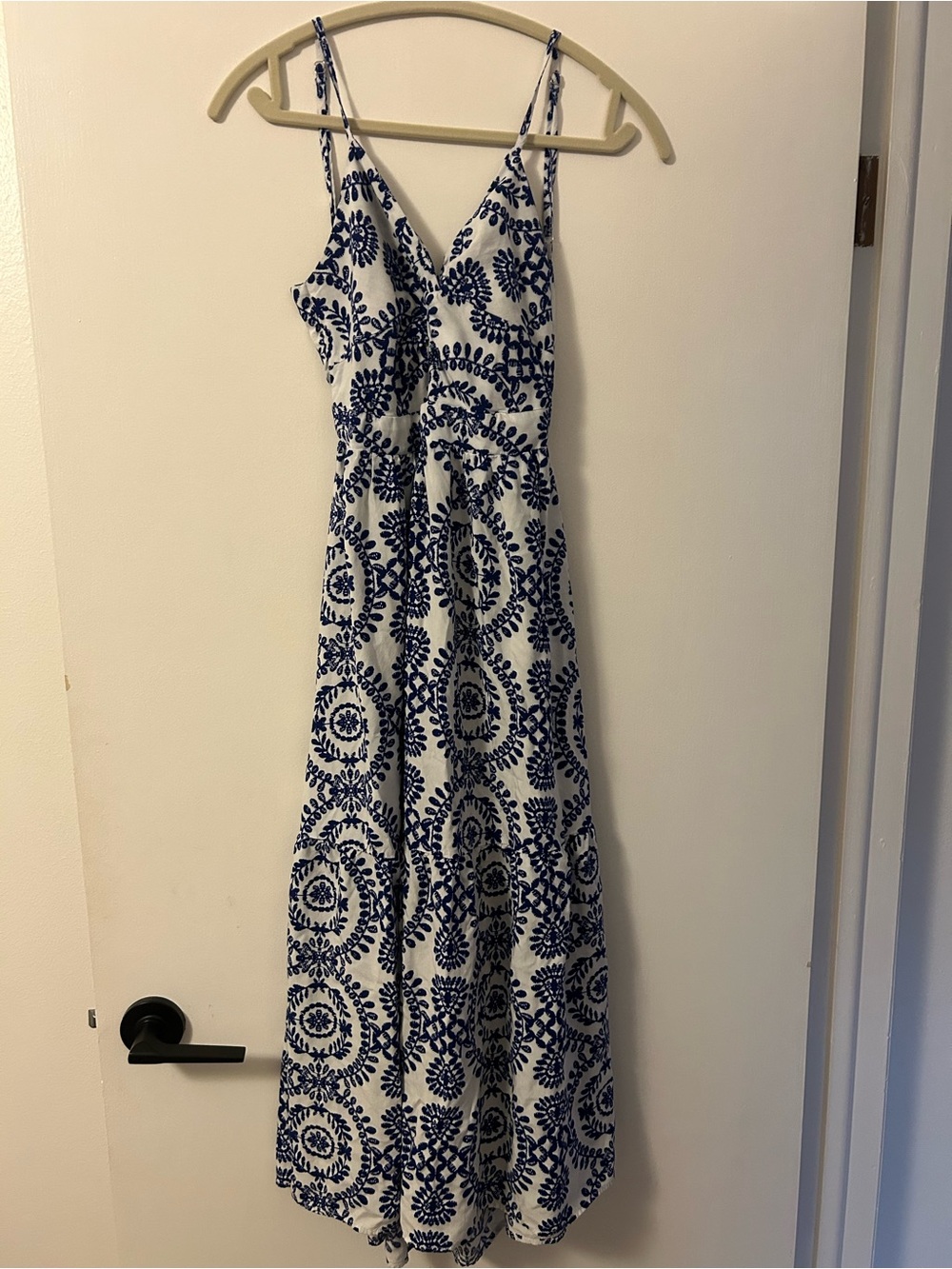 Blue and white maxi dress with spaghetti straps/open back